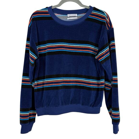 Urban Outfitters Sweatshirt Womens Medium Blue Velour Retro Stripe Boxy - Picture 1 of 8